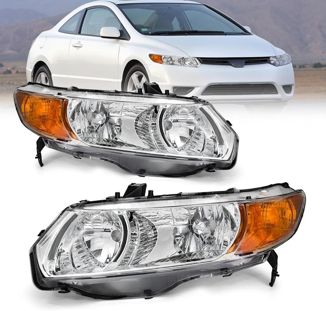 Compatible with 2006 2007 2008 2009 2010 2011 2-Door Civic Headlight Assembly for 06-11 Honda Civic 2-Door Coupe Clear Lens Chrome Housing with Amber Reflector Headlamp Replacement Pair