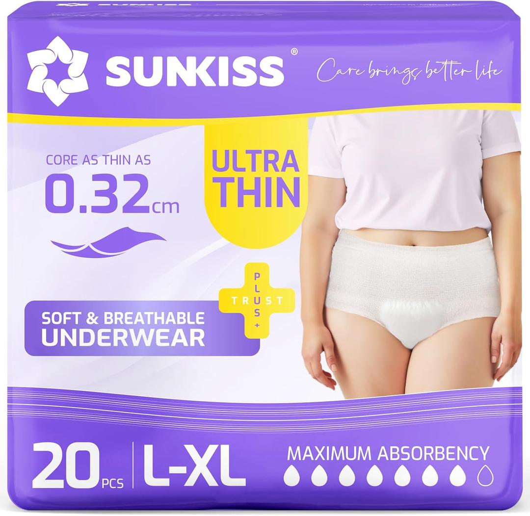 SUNKISS Ultra Thin Incontinence Underwear for Women, High Absorbency & Super Soft Postpartum Diapers, Disposable Adult Pull Ups, Unscented, Large/XLarge, 20 Count