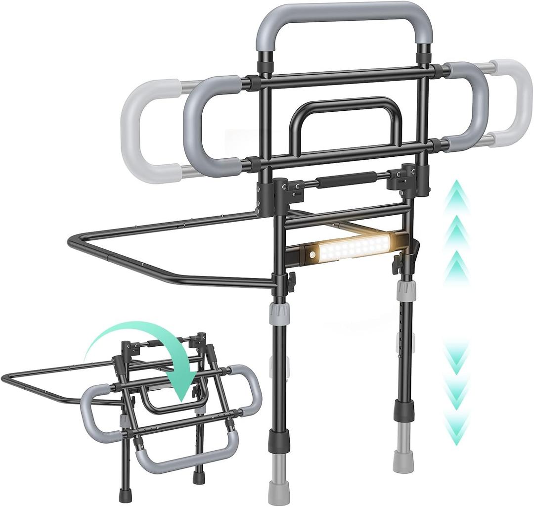 Bed Rails for Elderly Adults Safety, 180 Foldable Bed Rail with Adjustable Height & Width, 350lb Load, Extra-High Design, Wide Base, LED Light & Storage Pockets Fits King/Queen/Full/Twin Beds