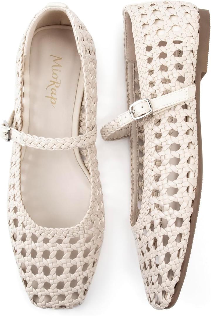 Woven Ballet Flats Shoes for Women Square Toe Mesh Mary Jane Flat with Adjustable Strap, Dressy, Comfortable and Cute Ballerina 8.5