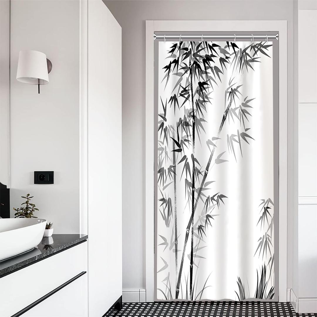 Stall Shower Curtain, Aesthetic Ink Bamboo Small Shower Curtain Set for Bathroom Waterproof Fabric Black and White RV Bathroom Decor with Hooks, 36x72 Inch, Black and White 