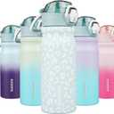 BJPKPK Insulated Water Bottle 18oz Stainless Steel Water Bottles With Straw And Carry Handle Double Wall Metal Thermo,Light Blue Leopard