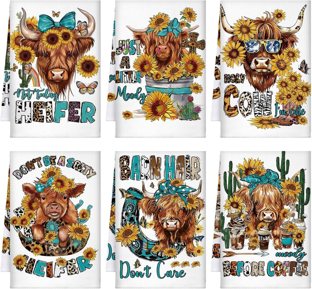 TecUnite 6 Pcs Highland Cow Kitchen Towels Set Funny Highland Cattle Tea Towels Absorbent Sunflower Dish Towels Western Farm Cattle Hand Towel for Cleaning Drying Women Mom Housewarming Gifts Decor (Charming Color)