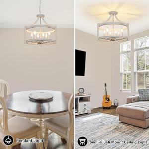 6-Light Farmhouse Chandelier, Distressed White Hanging Pendant Lighting, Convertible Semi Flush Mount Ceiling Light Fixture Rustic Metal Chandeliers for Dining Room Kitchen Foyer Entryway