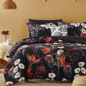 CASAAGUSTO Full Comforter Set, 7 PCS Black Shore Floral Comforter Set with Flowers Leaves Pattern, Soft Seersucker Design All Season Queen Size Bedding Set with Decor Pillow (80"X90")
