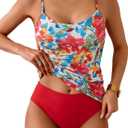 Eomenie Tankini Swimsuits for Women Two Piece Tummy Control Bathing Suit Slimming Modest Swimwear with High Waisted Bottom (Large, Red Blue Floral)