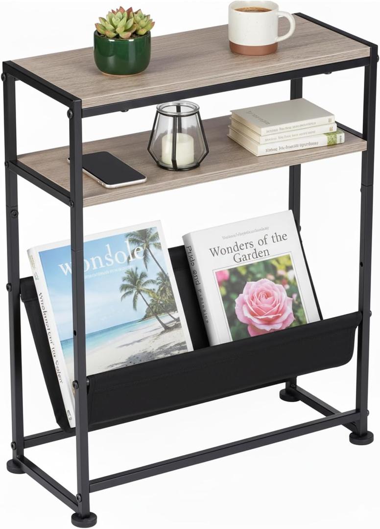 Narrow End Table for Small Spaces - Slim Side Table with Magazine Holder,2 in 1 Design Narrow Coffee Table Living Room,Skinny Bedroom Nightstand Thin Side Magazine Table,Oak