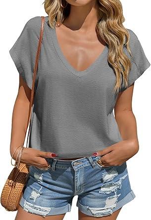 Tankaneo Womens Cropped Deep V Neck T Shirts Summer Casual Short Cap Sleeve Tops Loose Fit Basic Tee, M, Grey