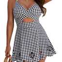 Women One Piece Swimsuit Tummy Control Cutout Skirt Bathing Suit Gold Metal Twist Front Swim Dress, XL