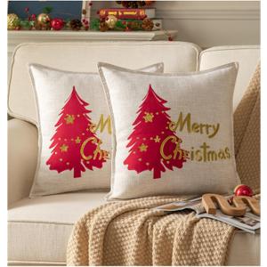 Caflife Christmas Pillow Covers 20x20, Boho Farmhouse Throw Pillows Covers for Sofa Couch Bed, 2 Pack Linen Burlap Embroidery Home Holiday Christmas Decorative Cushion Covers
