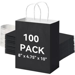 Brothersbox 100Pcs Black Paper Gift Bags Medium Size 8x4.75x10 inch, Kraft Paper Bags with Handles Bulk for Shopping, Craft, Business, Retail, Party Favor, Takeout, Goodie, Grocery