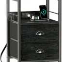 Furologee Nightstand with Charging Station, Black Night Stand with 2 Fabric Drawers, Side Table with USB Ports, End Table with Storage Shelf, for Living Room/Bedroom, Black Oak (1 pc)