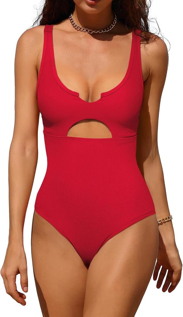 Charmo Ribbed One Piece Swimsuits for Women Cutout Scoop Neck Bathing Suit High Cut Padded Monokini (Large, #1b Red)