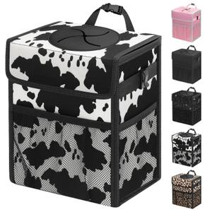 Capolo Car Trash Can with Lid, Leakproof Car Trash Bag Hanging Waterproof Automotive Garbage Can with Storage Pockets Mini Vehicle Trash Bin for Back/Front Seat(Cow Print,2.5 Gallon)