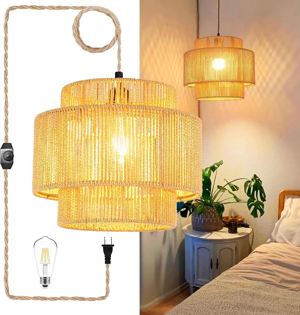Plug in Pendant Light Hanging Lights with Plug in Cord Boho Hanging Lamp Dimmable,Rattan Wicker Woven Bamboo Lamp Shade, Plug in Ceiling Light Fixture for Living Room Bedroom Kitchen (Pendant Light-10)