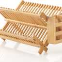 HBlife Dish Rack, Bamboo Folding 2-Tier Collapsible Drainer Dish Drying Rack with Utensils Flatware Holder Set (Dish Rack with Utensil Holder)