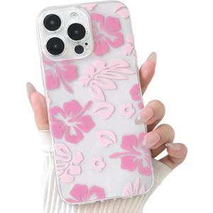 NITITOP Compatible with iPhone 16 Pro Case Clear Cute Aesthetic Floral Flower Hibiscus Pattern for Girls Women Soft TPU Full Camera Lens Shockproof Protective Phone Cover - Pink2