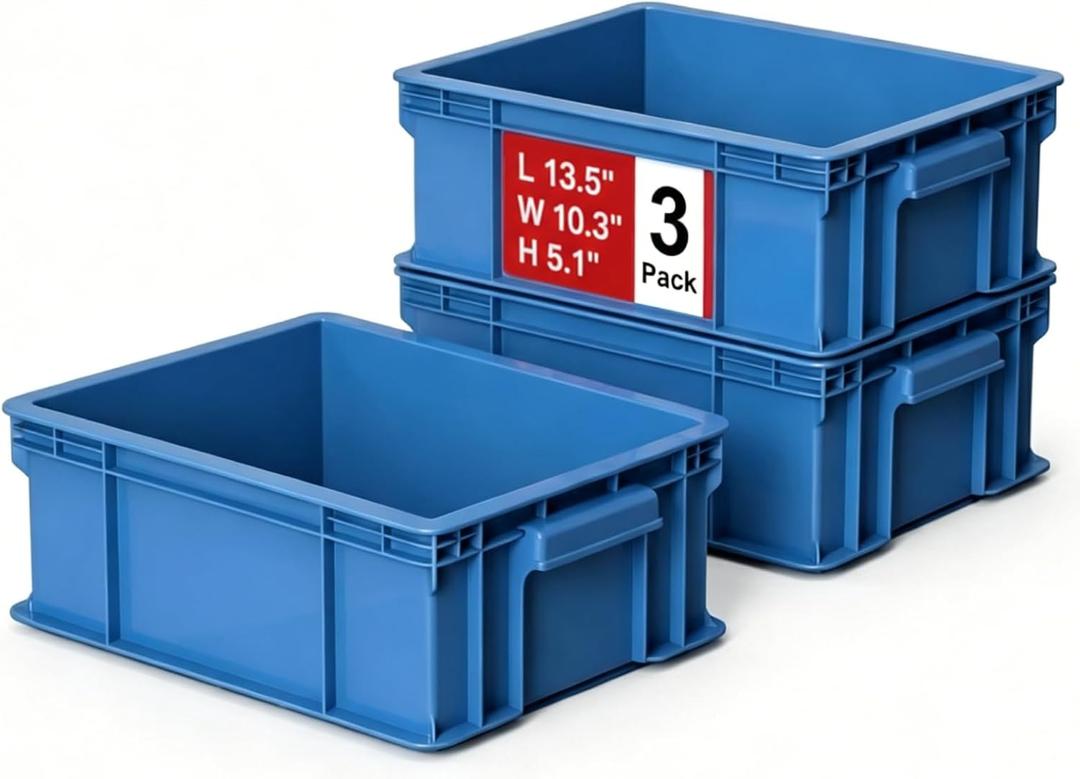 Heavy Duty Storage Bins, 3-Pack Stackable Tool Storage Box for Hardware, Screws, Nuts and Bolts, Space-Saving Straight Wall Container for Garage, Workshop & Factory, 13.5"L 10.3"W 5.1"H, Blue
