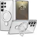 Compatible with Samsung Galaxy S25 Ultra Case with Magnetic Ring Stand [Compatible with Mag-Safe] [Full Camera Lens Protector] Plating Clear Phone Case for S25 Ultra 6.9", Silver