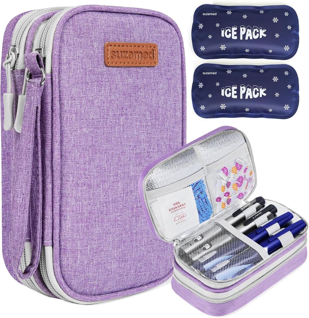 suzamed Insulin Cooler Travel Case, Double Layer Medicine Kit Diabetes Travel Case, Portable Medicine Organizer with 2Pack 150g Ice Pack TSA Approved for Insulin Pens Diabetic Supplies (Purple)