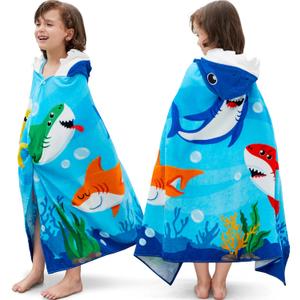 Joiedomi Shark Hooded Towels for Kids Soft 100% Cotton Kids Beach Towel 30" x 50" for 3-10 Years Boy Girl Beach Hooded Poncho Absorbent Pool Toddler Swim Bath Wrap