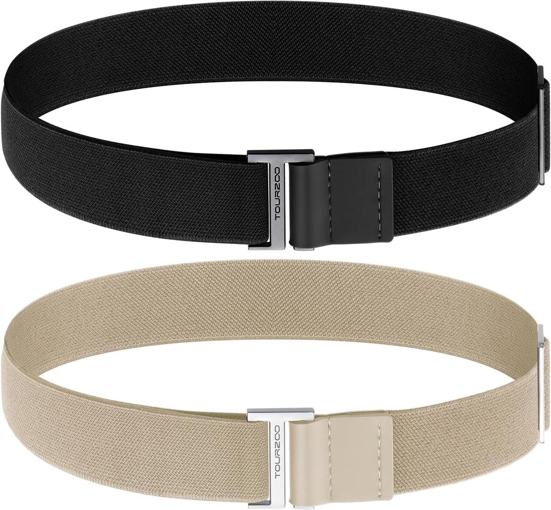 No Show Stretch Belt for Women Invisible Adjustable Strap Belt with Flat Buckle for Jeans Pants Dresses (Suit for US Size 16+, 2pcs/Black+beige)