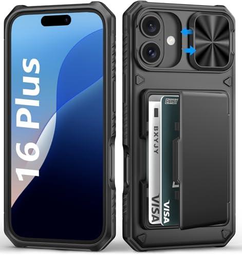 BXYJY for iPhone 16 Plus Case Wallet, Built-in Card Holder (4-5 Cards), Slide Camera Cover, Military Drop & RFID Protection, Rugged Heavy Duty Men Women Protective Phone Case for iPhone 16 Plus, Black
