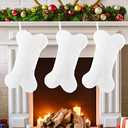 Waarms 3 Pack Snowy White Plush Dog Christmas Stockings, Bone Shape Faux Fur, Large Personalized Hanging Christmas Stockings for Dogs Pets Xmas Holiday Decoration