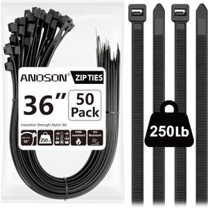 Large Zip Ties 36 inch (50 Pack), Long Zip Ties Heavy Duty with 250 lb Tensile Strength, Big Cable Ties, Black, by ANOSON