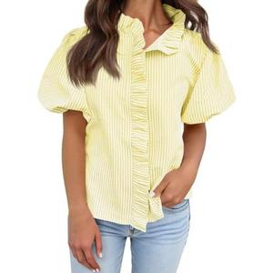 Tankaneo Womens Short Puff Sleeve Button Down Shirts Summer Ruffle Striped Work Tops Stand Collar Trendy Casual Loose Blouse Size L