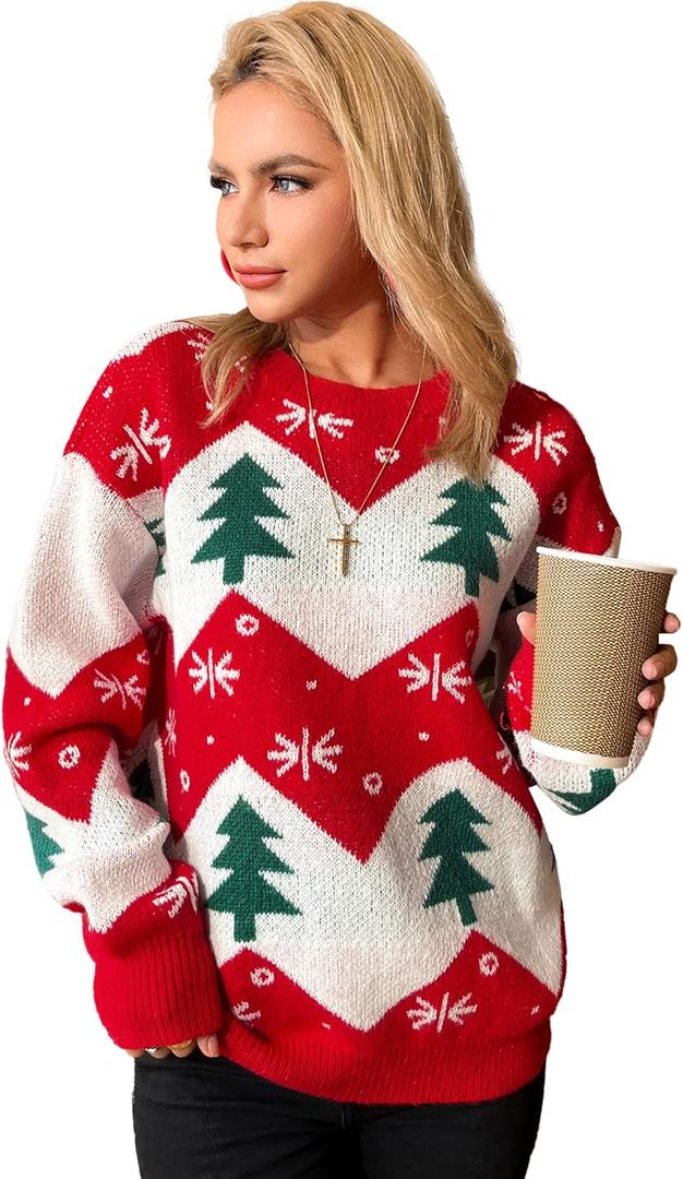 Honwenle Ugly Christmas Sweater for Women 2025 Funny Cute Christmas Tree Reindeer Xmas Knitted Pullover - Gifts for Christmas (Red, L)