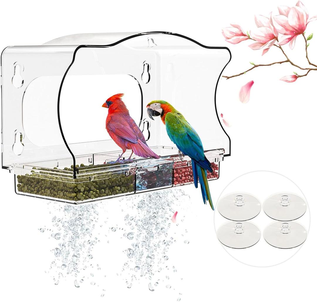 Window Bird Feeder Viewing Box - 10x6 Inches Acrylic Window Bird Feeder with 4 Strong Suction Cups, 3 Compartment Trays, Clear Birdfeeder with Enhanced Grip, Watching Cardinal for Cat
