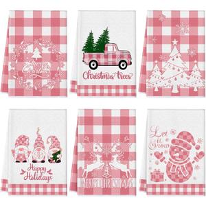 Sratte 6 Pcs Winter Kitchen Towels Pink White Gnome Truck Snowman Dish Towels Absorbent Buffalo Plaid Bathroom Hand Towel Winter Tea Towel for Kitchen Bathroom Decoration Farmhouse Housewarming Gift