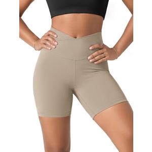 ODODOS Women's Crossover Yoga Shorts with Back Pocket, 6" Buttery Soft V High Waist Lounge Biker Shorts, Shaker Beige, Small