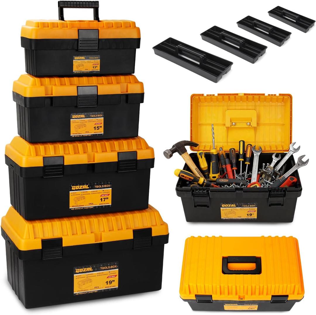 Tool Box Set Plastic Toolbox with Handle,Removable Tray Sturdy Lockable Portable 4 Pack Tool Boxes 13",15",17",19" For Hand,Power Tools Organizers and Storage,Garage,Home,Workshop,Electrical,Craft