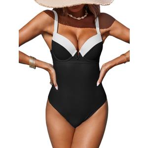 Fisoew Women One Piece Tummy Control Swimsuits Retro Slimming Colorblock Back Tie Vintage Bathing Suits (Small, Black) Fisoew Women One Piece Tummy Control Swimsuits Retro Slimming Colorblock Back Tie Vintage Bathing Suits (Small, Black)
