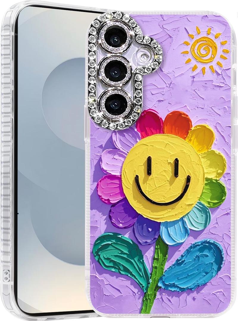 Compatible with Samsung Galaxy S24 Plus & S25+ Case,with [Shockproof Protective][Camera Protection] Cute Rainbow Flower Aesthetic Phone Cover Soft Slim Cover for Women Girl-Purple
