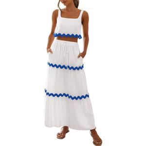 PRETTYGARDEN Women's Summer 2 Piece Beach Outfit Casual Sleeveless Cropped Tank Top High Waisted Maxi Skirt Set (White, L)