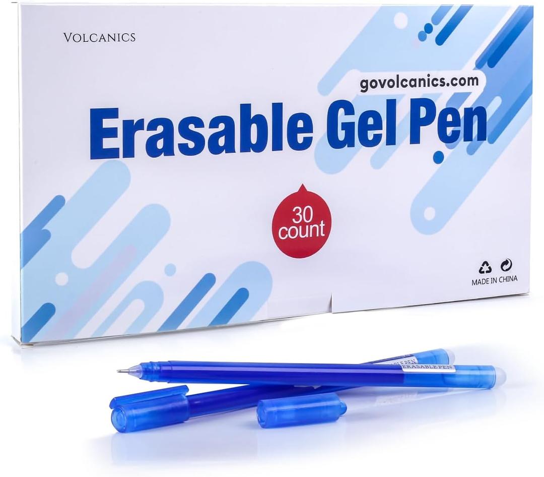 Volcanics Erasable-Gel-Pens Fine Point 0.5 mm, Blue, 30 Pack, Mistakes Dispear, Quick-Drying Ink, No Smudge - Perfect for School, Office, and Home Use