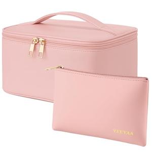 YEEYAA Travel Makeup Bag Toiletry Bag Waterproof Large Capacity Cosmetic Bags for Women Portable Make up Organizer Pouch With Divider Vegan Leather 2PCS Gifts for Mother Girls Pink