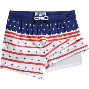 maamgic Boys Swim Trunks with Compression Liner 4-Way Stretch Quick Dry Bathing Suit Toddler Beach Shorts (8 Years, American Flag)