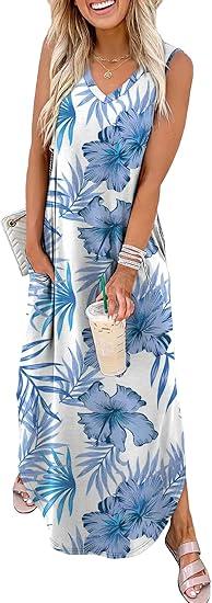 Sampeel Summer Dresses Maxi Dress Vacation Beach Sundresses 2025 with Pockets Large,Floral Blue Tropical Leaves