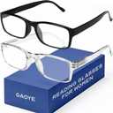 Gaoye 2-Pack of Reading Glasses - Blue-Light Filter, UV Protection - Readers with Rectangle Frames (Black + Clear)