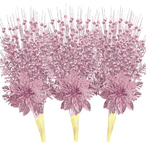 18 Pack Christmas Tree Ornaments Set, 17.5 Inch Pink Fake Christmas Picks Decorations with 2 Styles, Artificial Glitter Berry Stem Ornaments for Christmas Tree Wedding Small Vase Wreath Decor