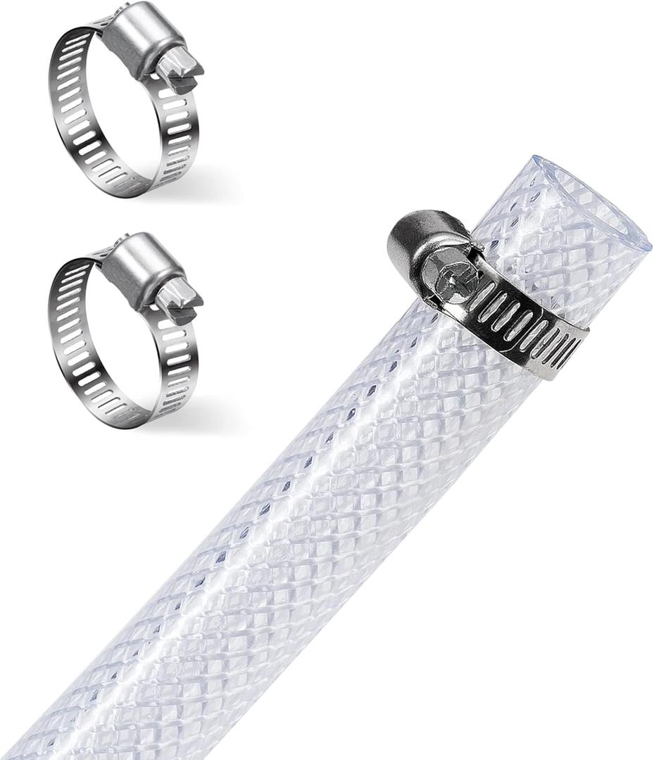 DAVCO 1/4" ID - 25 ft Heavy Duty Braided Clear Plastic Vinyl Tubing, Flexible High Pressure Reinforced PVC Plastic Tube Hose, Non-toxic, BPA Free, with 2 Stainless Clamps