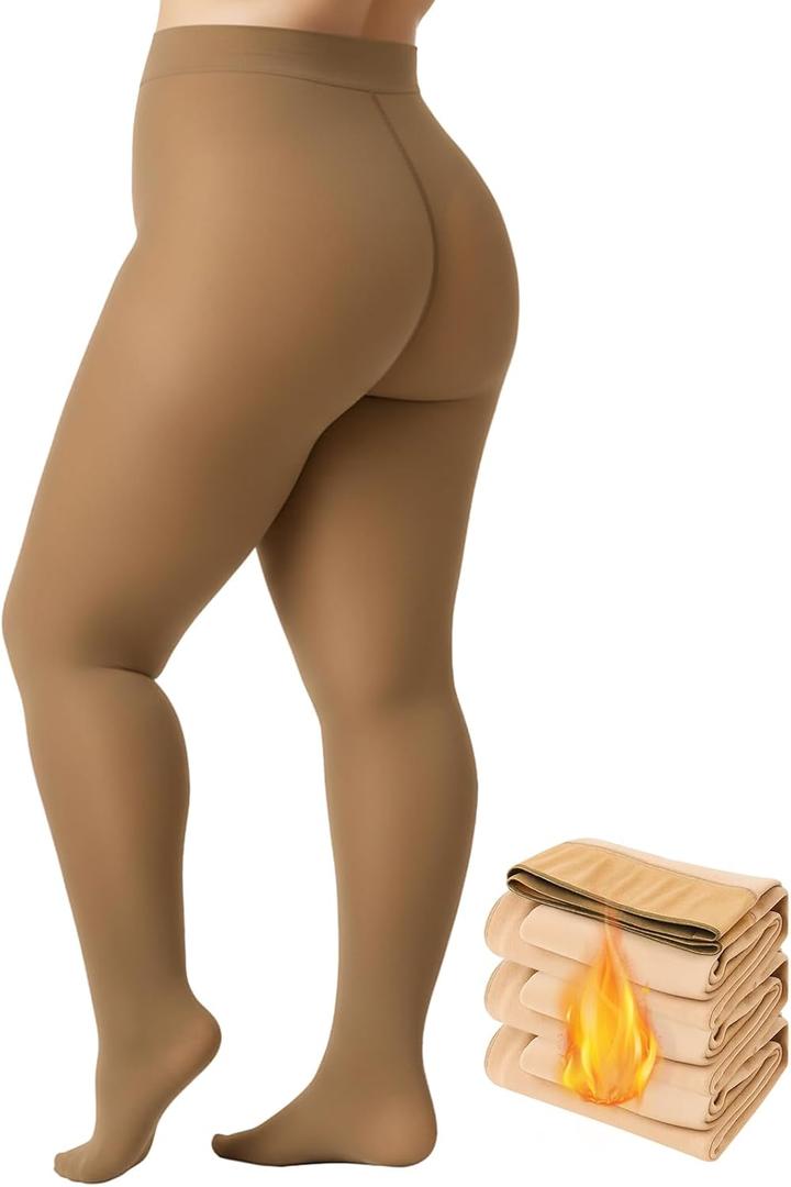 Plus Size Fleece Lined Tights Women, 300g Warm Pantyhose Leggings, Fake Translucent Thermal Tights Winter (3X-Large-4X-Large, Brown)
