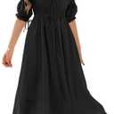 R.Vivimos Women's Summer Square Neck Midi Dress 2026 Casual Puff Half Sleeve Elastic Empire Waist Boho Flowy Long Dresses (Small, Black)