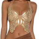 JUMISEE Women Sparkly Rhinestone Butterfly Crop Top Sexy Satin V Neck Bakless Lace Up Cami Tank Top for Rave Festival