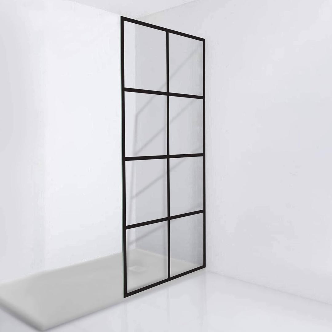 Fab Glass and Mirror Grid Pattern Fixed Tempered Glass Shower Wall Panel with Protection Coating, 3/8" Clear Shower Screen 24" X 76" Matte Black