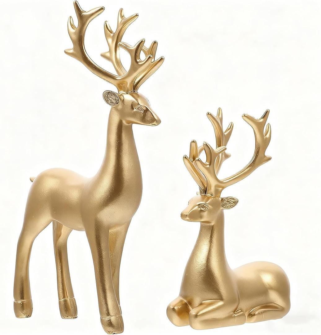 2Pcs Christmas Reindeer Figurines, Resin Reindeer Sculpture, Gold Elk Statues Decor for Living Room Bedroom Bathroom Bookshelf Office Desktop Cabinets (Gold, S)